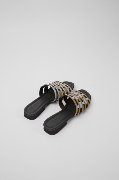 Camper Tvillinger Brune Blå Og Svarte Skinnsandaler For Kvinner Nyankomne