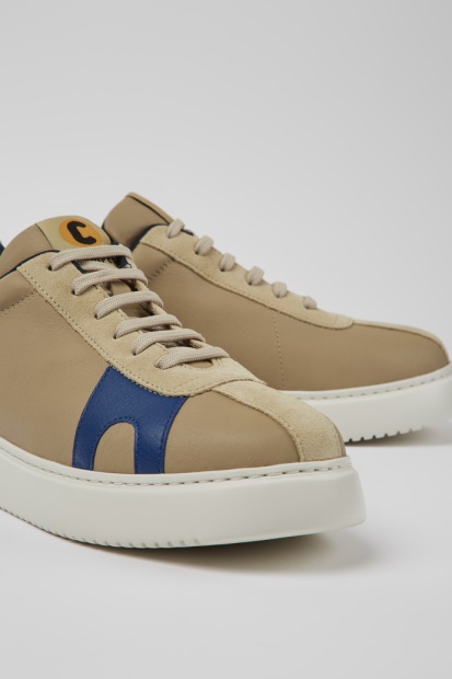 Runner K21 Beige Og Blått Skinn Og Nubuck Joggesko For Menn Eksklusiv Bobil