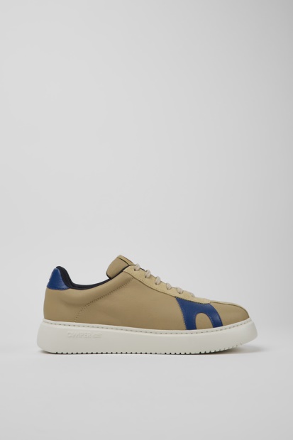 Runner K21 Beige Og Blått Skinn Og Nubuck Joggesko For Menn Eksklusiv Bobil
